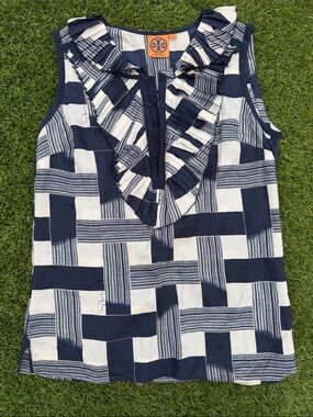 Tory Burch Navy & White Ruffle-Trim Geometric Sleeveless Camisole
